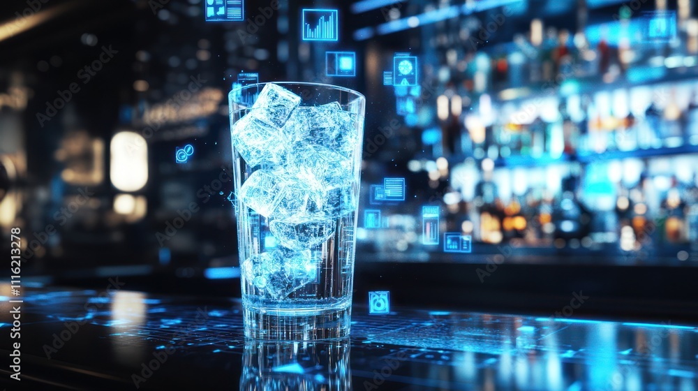 Poster glass of ice cubes with digital elements in a bar setting