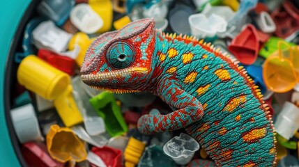 Animal pollution microplastics. Chameleon on colorful plastic debris in a bowl.