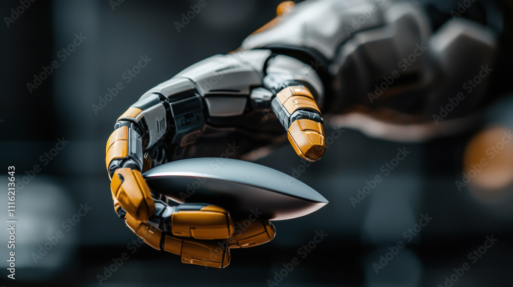 Aufkleber a robotic hand holds a sleek object, showcasing advanced technology and design, emphasizing the fusi