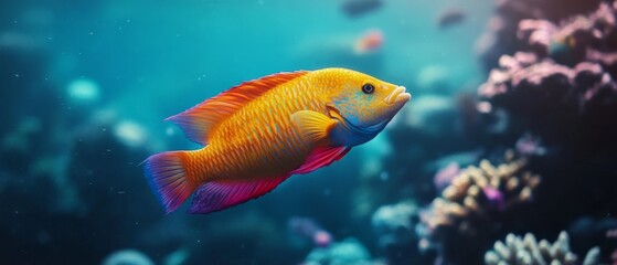 Fototapeta premium A vibrant fish with radiant orange and red hues swims gracefully in a clear, colorful underwater scene.