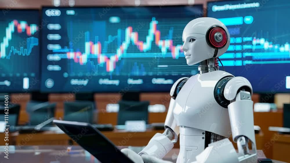 Poster ai robot analyzing financial data in modern corporate office setting