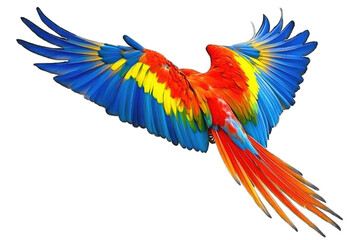 Obraz premium A vibrant parrot in mid-flight, showcasing its colorful feathers against a white background. transparent background