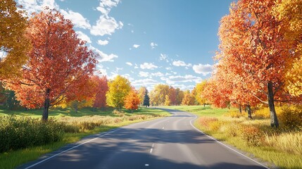 Naklejka premium Winding Road Through Colorful Autumn Landscape with Vibrant Foliage