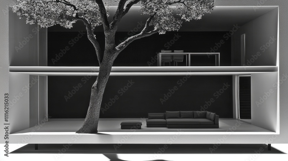 Poster innovative architecture showcase featuring minimalist design elements in urban environment with natu