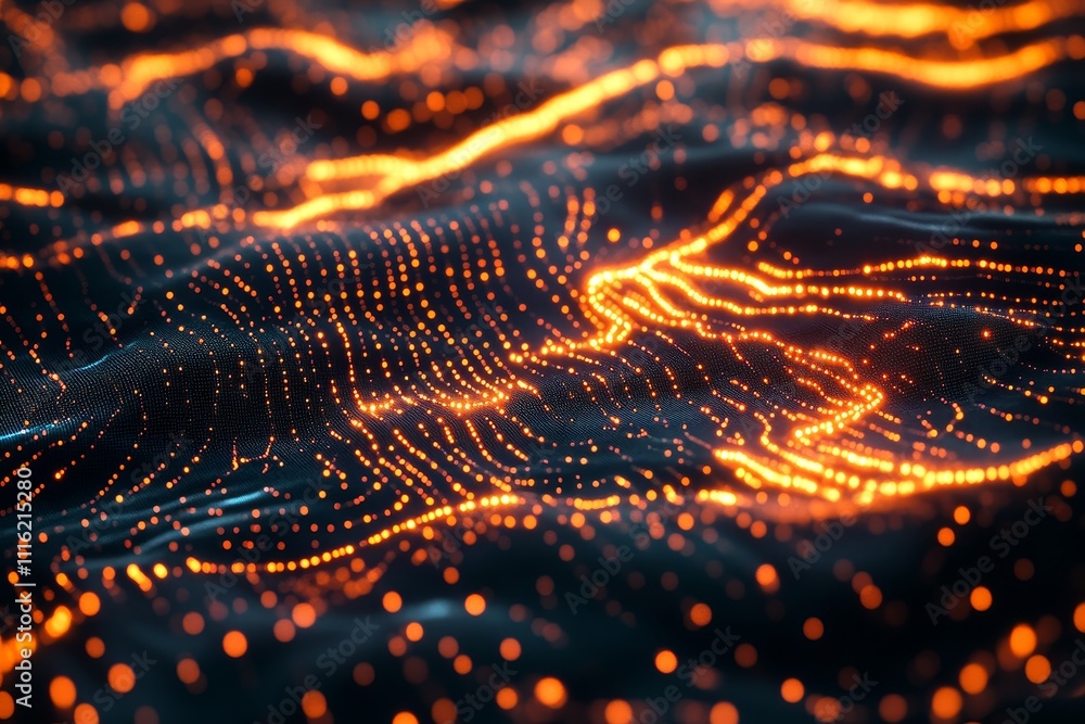 Poster abstract digital cityscape featuring illuminated lines and data visualization elements
