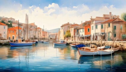 Fototapeta premium A picturesque Mediterranean village by the sea, showcasing vibrant houses, quaint fishing boats, serene waters, and a sunny summer sky.