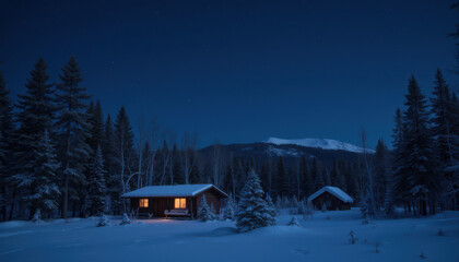 Cozy winter house with glowing windows and snowy surroundings at night