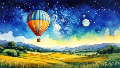 Obraz premium At twilight, a serene countryside stretches below a vibrant sky, where a brightly colored hot air balloon floats amidst shimmering stars and wispy clouds.