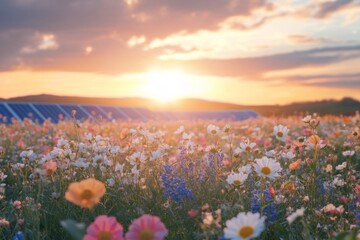 Fototapeta premium Colorful wildflowers growing in a field in front of solar panels generating clean energy at sunset