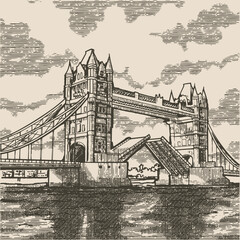 Tower Bridge, the symbol of London, illustration in the style of a medieval engraving