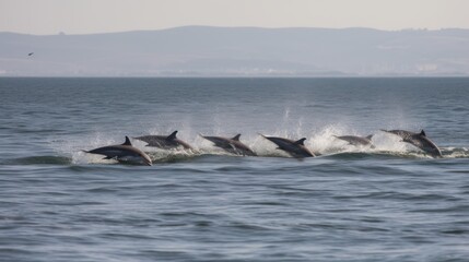 Fototapeta premium A group of dolphins splashing and leaping above the water's surface.