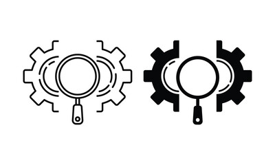 Magnifying Glass with Gears Line and Silhouette Icon Set. Search Service and Control Black Sign. Maintenance of Factory Mechanism Cogwheel Symbol