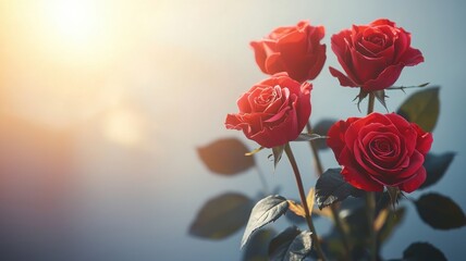 Beautiful red roses in soft sunlight, perfect for adding elegance and romance.