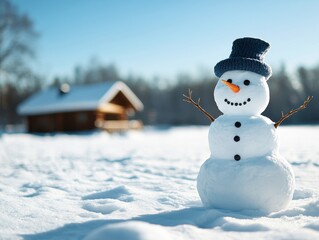 Obraz premium A cheerful snowman stands in a snowy landscape, with a cozy cabin in the background under a clear blue sky.