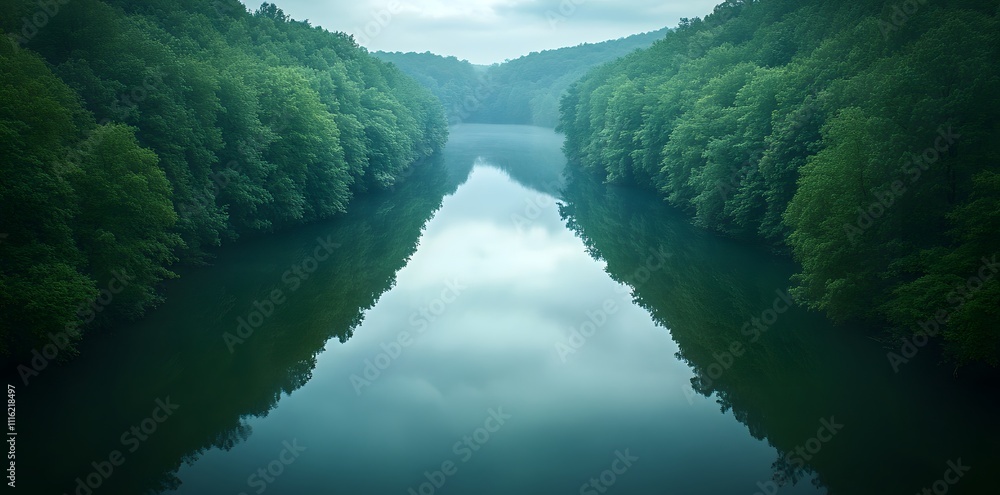 Poster a serene river reflecting lush greenery and a cloudy sky, creating a tranquil atmosphere.