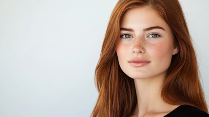 Fototapeta premium Attractive young woman with a striking appearance, captured in a clean shot against a white background, provides ample copy space in this image of an attractive young woman.