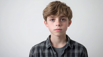 Studio portrait capturing a teenager boy against a clean white background, creating an ideal space for personal expressions, emphasizing the teen boys unique features and style.
