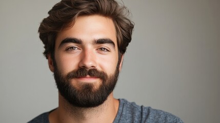Obraz premium Portrait of a young man with a beard embodying the concept of healthy wellness. This headshot captures the essence of well-being, featuring a clean background for ample copy space.