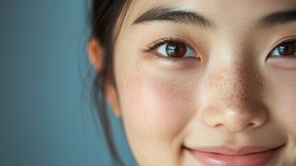 Obraz premium Close-up of a young Asian woman smiling, highlighting her beautiful skin and expressive eye. This image captures the details of her eye, emphasizing beauty and radiance with ample copy space.