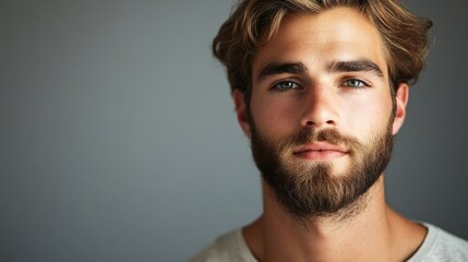 Fototapeta premium Portrait of a young man with a beard embodying the concept of healthy wellness. This headshot captures the essence of well-being, featuring a clean background for ample copy space.