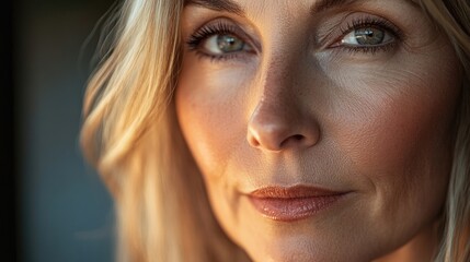 Fototapeta premium Close-up portrait of a beautiful mature woman, highlighting her features and captivating gaze. The image captures the essence of a beautiful mature individual with ample copy space.