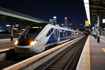 Fototapeta premium High-Speed Train at Railroad Station with Blurred Cityscape at Night