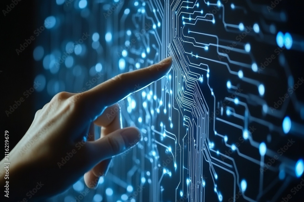 Poster hand gesturing towards a digital data interface with blue circuit patterns in photography