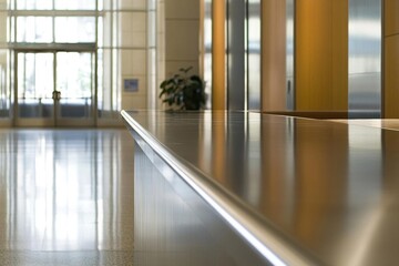 Obraz premium A sleek lobby area featuring metallic surfaces and natural lighting.