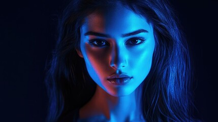 Fototapeta premium Portrait of a young woman illuminated by glowing blue lights during nighttime, with captivating blue light effects adding depth and intrigue to the composition, perfect for creative use.