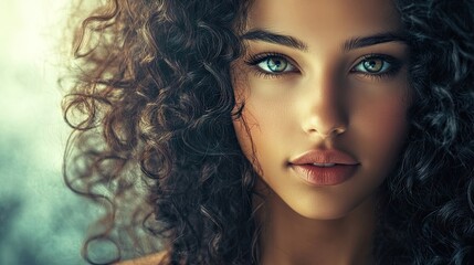 Naklejka premium Portrait of a beautiful young woman with curly hair, capturing her graceful features and vibrant personality. This image highlights the beauty of curly hair with ample copy space.