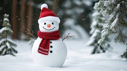 Obraz premium A cheerful snowman wearing a red hat and scarf stands amidst a snowy landscape, surrounded by evergreen trees.