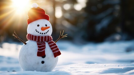 Obraz premium A cheerful snowman with a red hat and scarf stands in a snowy landscape, illuminated by sunlight filtering through trees.