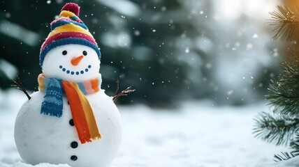 Fototapeta premium A cheerful snowman wearing a colorful hat and scarf stands in a snowy landscape, surrounded by falling snow and evergreen trees.