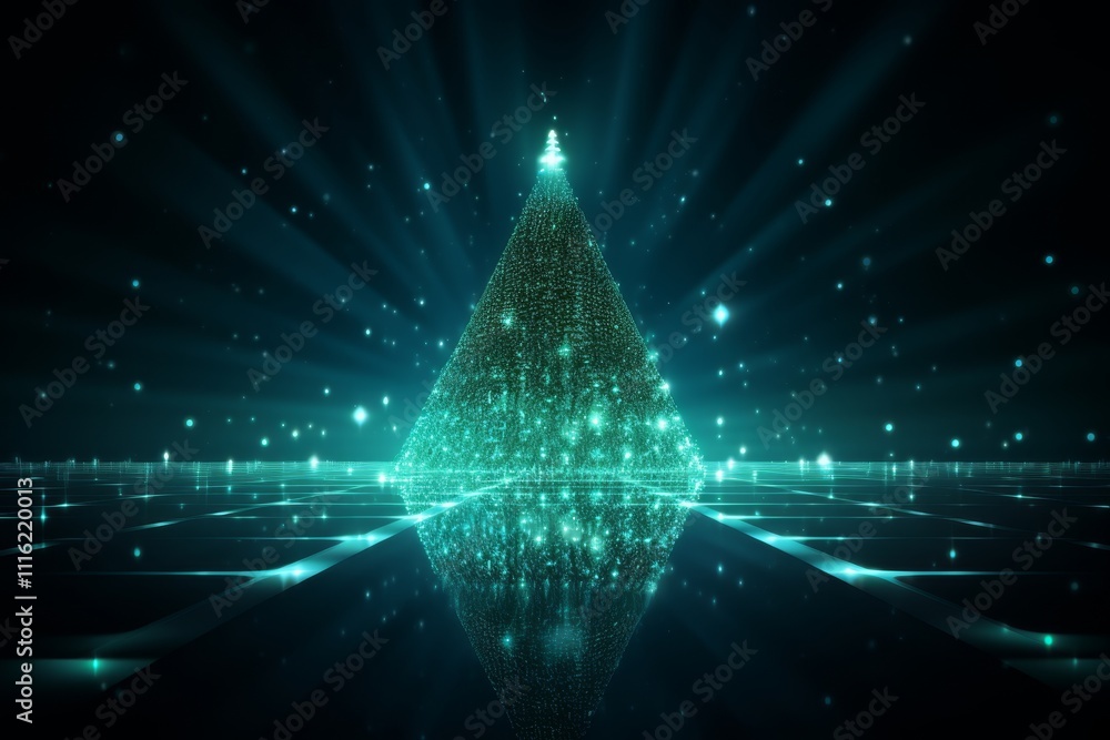 Poster stylized christmas tree design with horizontal lines and colorful accents for text space