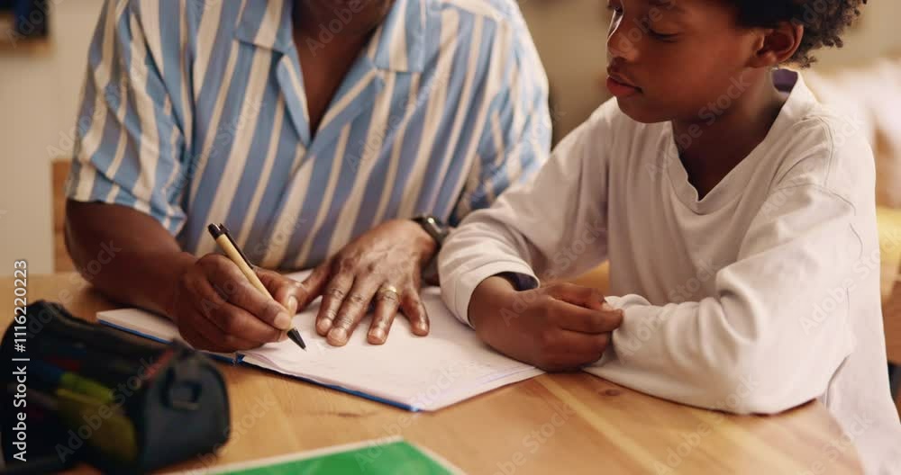 Poster father, boy and teaching with homework in home for education, learning and support with care. black 