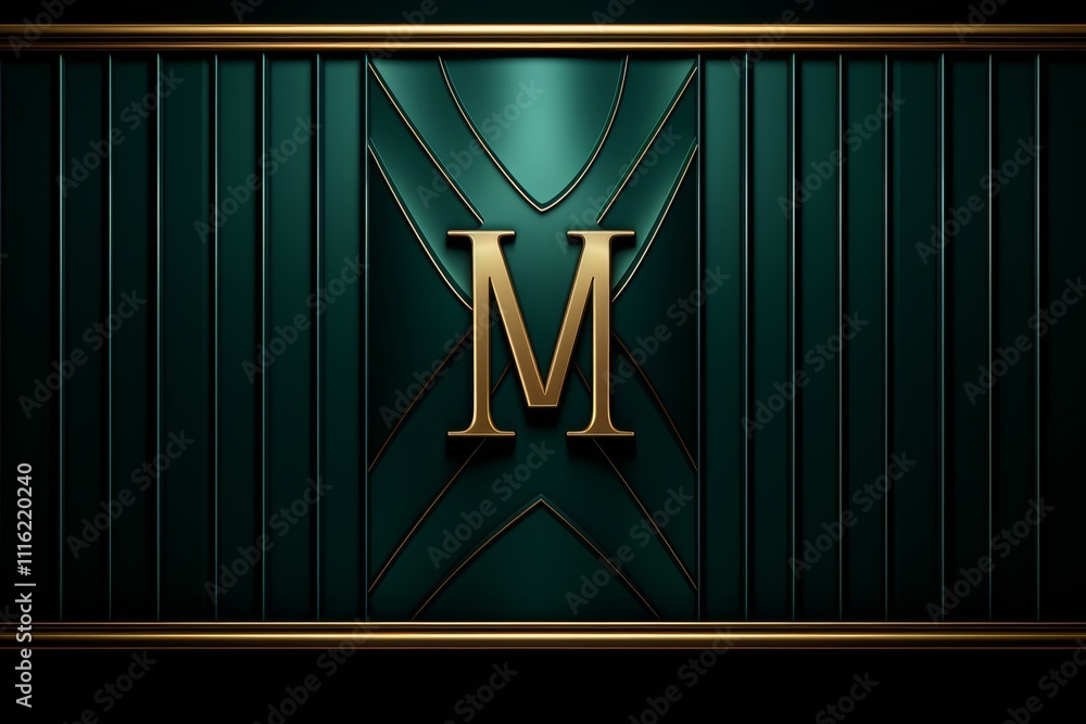 Poster minimalist emerald green monogram design with simple lines and shapes on clean background
