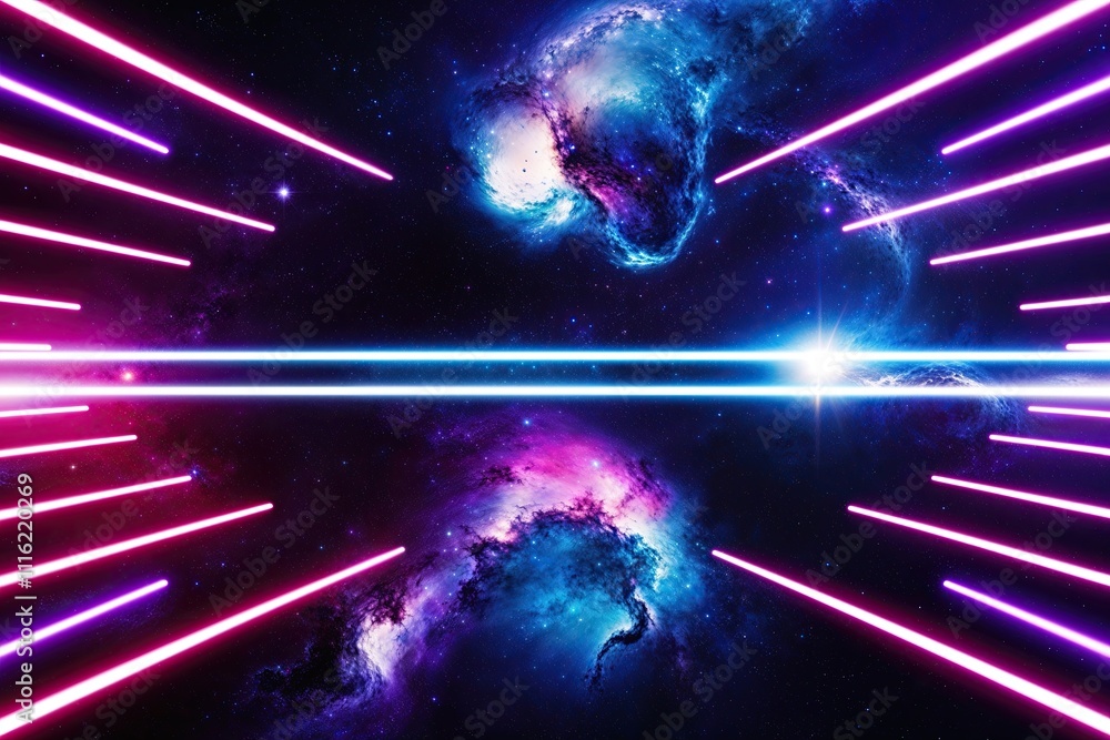 Poster vibrant three dimensional cosmic background with dynamic neon bands and energetic patterns