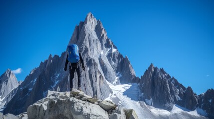 Climber anchoring safety rope amidst majestic mountain peaks and rocky formations