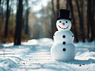 Obraz premium A cheerful snowman stands in a snowy forest, adorned with a black hat and a bright orange nose, surrounded by tall trees.