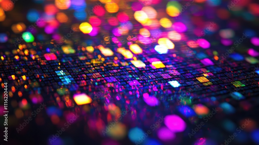 Poster a close-up view of a pixelated overlay texture with vibrant neon colors, creating a glitchy and digi