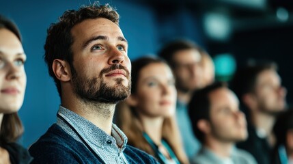 Fototapeta premium A group of colleagues attentively listening to a charismatic speaker at a professional event, with visible admiration and engagement in their expressions