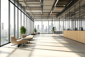 Blank poster mockup in a modern office space with city view.