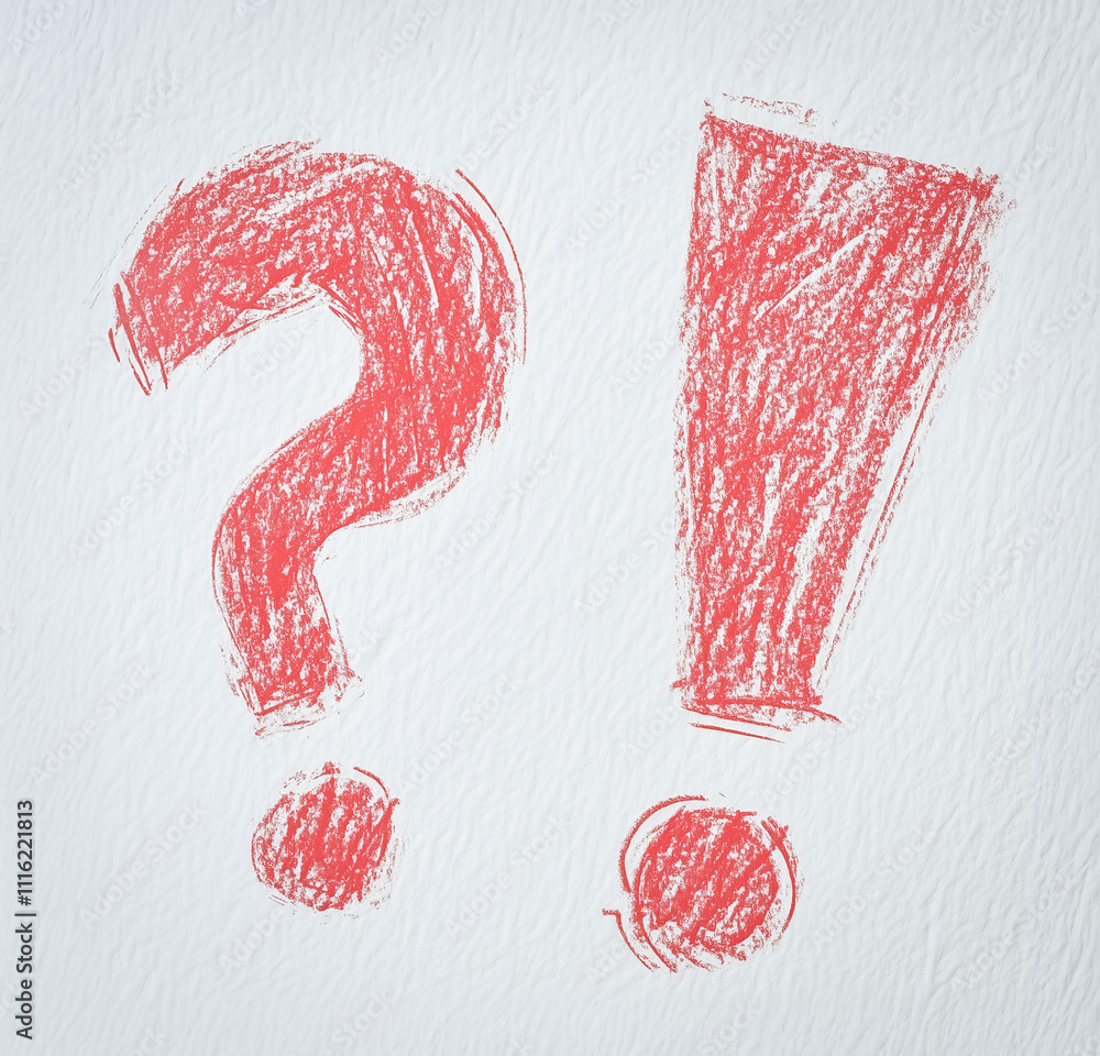 Poster close-up of red chalk-style question and exclamation marks on a white textured surface, highlighting