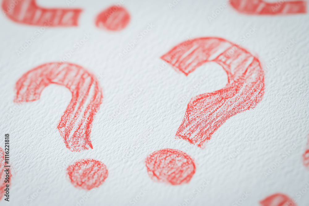 Poster a large red chalk-style question mark alongside an exclamation mark on a white textured background, 