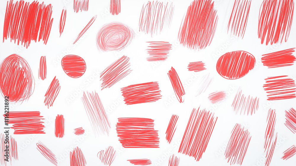 Poster an abstract collection of red marker scribbles, lines, and ovals on a white background, displaying c