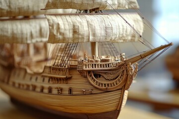 Intricate wooden model ship showcasing remarkable craftsmanship, evoking the spirit of maritime history