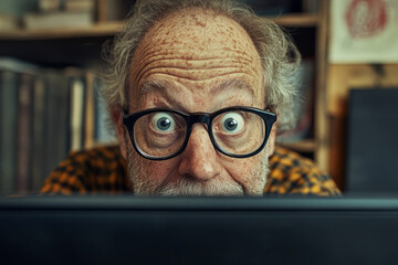 Surprised mature man looking with astonishment at laptop screen