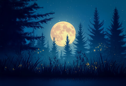 An enchanting forest with moonlit trees, surrounded by glowing fireflies and a starry sky creating a mystical nocturnal ambiance, vertical format.