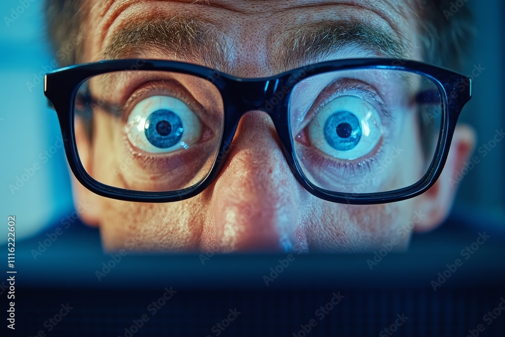 Poster close-up of a shocked programmer staring intensely at a computer screen, his eyes wide with surprise