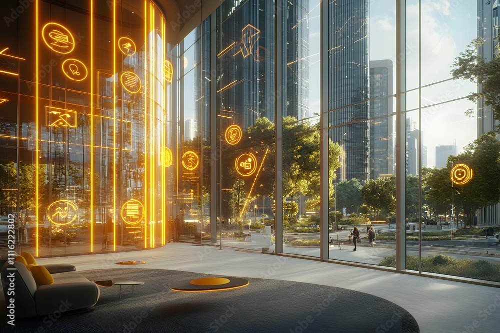 Poster modern building lobby with futuristic interface.